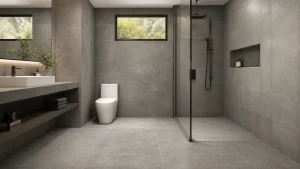 کاشی حمام و دستشویی طوسی با طراحی مینیمال مات