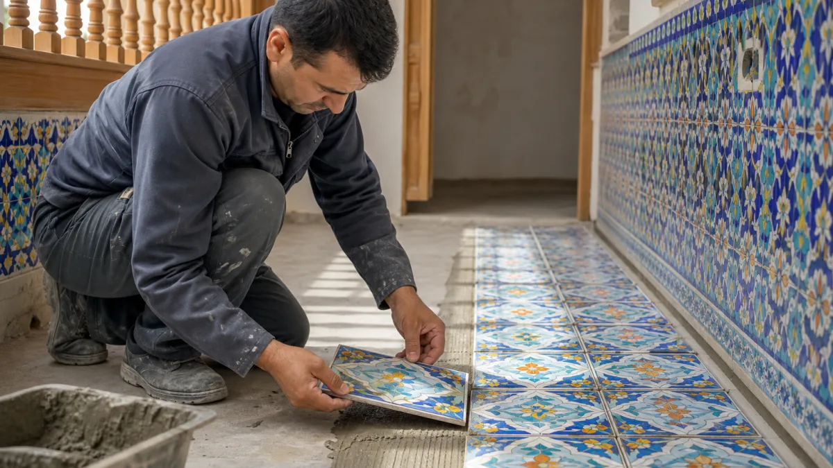 کاشی سنتی ۲۰ در ۲۰ با لعاب دست‌ساز و بدنه متراکم