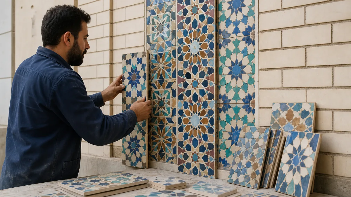 کاشی سنتی نمای ساختمان بافت هندسی رنگ ماندگار