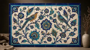 طرح کاشی سنتی گل و مرغ بافت لعاب دستی