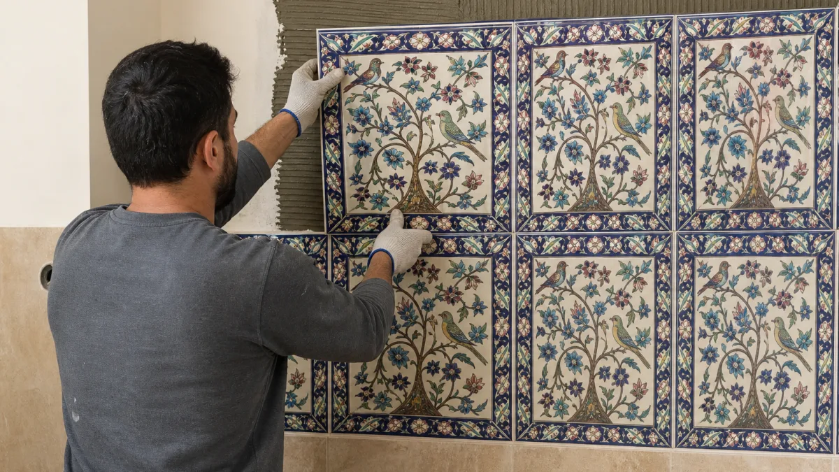 طرح کاشی سنتی گل و مرغ بافت لعاب دستی